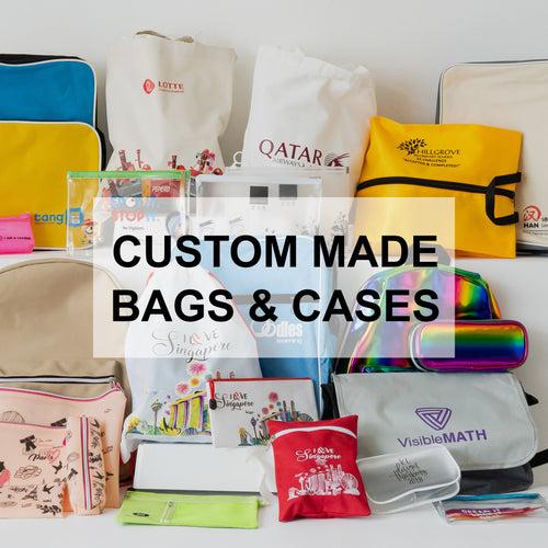 flatlay of custom made bags and cases with logo printing
